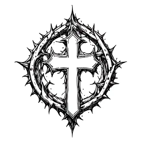 Cybersigilism with thorns surrounding. Christian Cross tattoo design idea