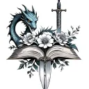 books with dragon and sword with flowers intertwined tattoo design idea