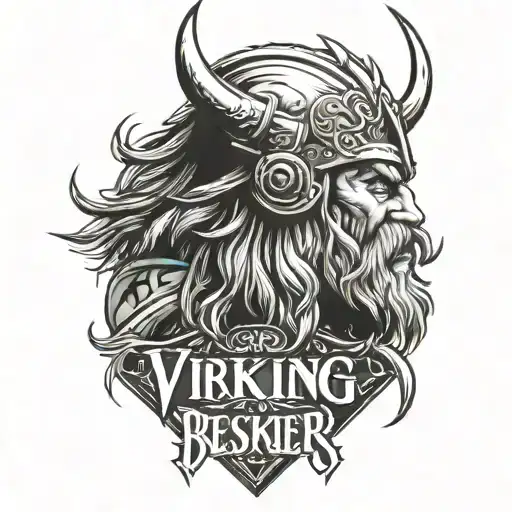 a black and white tattoo of an extremely muscular Viking Berserker with head hanging and the names John, Erin, Br tattoo design idea