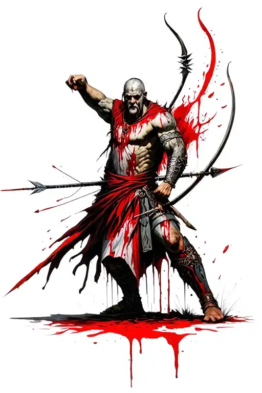 a warrior who receives stab wounds and arrows from bows, and while bleeding is still alive tattoo design idea