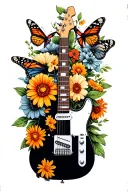 A Fender Telecaster guitar surrounded by monarch butterflies and flowers tattoo design idea