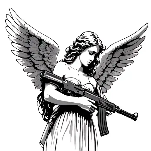 An angel with wings that holds an AK 47 in your hand tattoo design idea