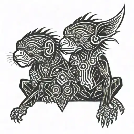 2 little Bonobos in tribal tattoo form a ying and yong. Fine line. Happy. Smiling. Male and female. Black tattoo design idea