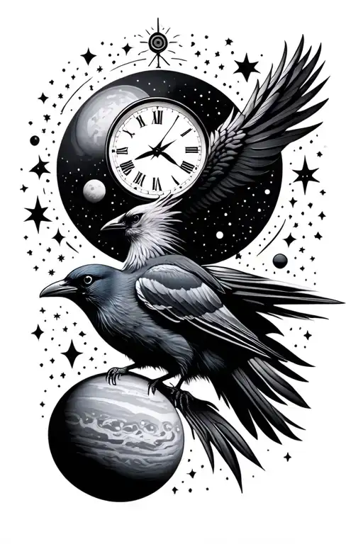 black stary space, planets, time clock, crow tattoo design idea