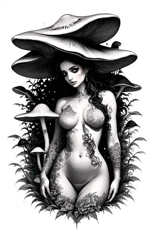 goddes of mushrooms women sexy body shaped like tattoo design idea