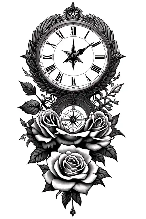 phœnix, clock, compass and roses tattoo design idea