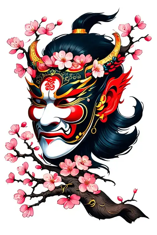 hannya mask with cherry blossom tree tattoo design idea