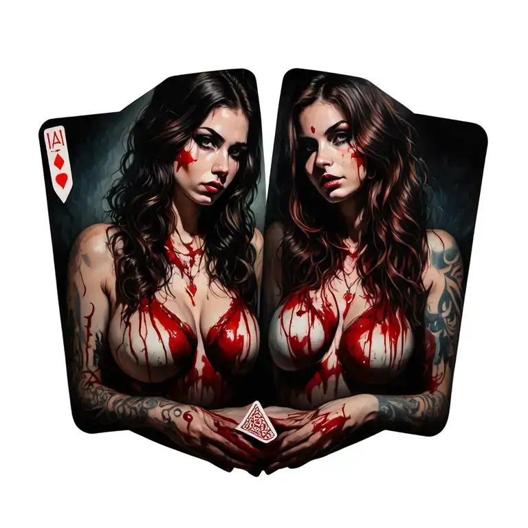  sexy bloody two women with  playing cards tattoo design idea