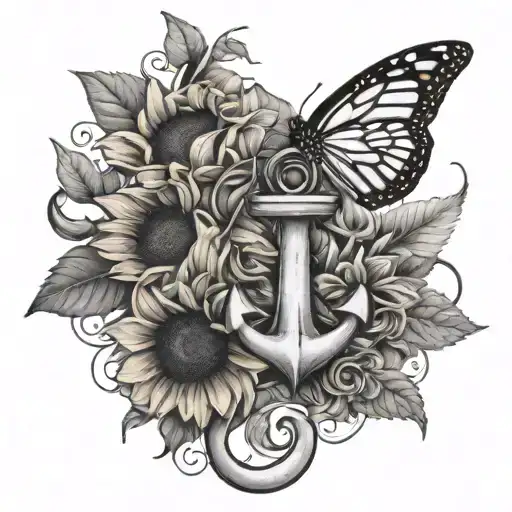 Anchor with a sunflower, monarch butterfly flying away tattoo design idea