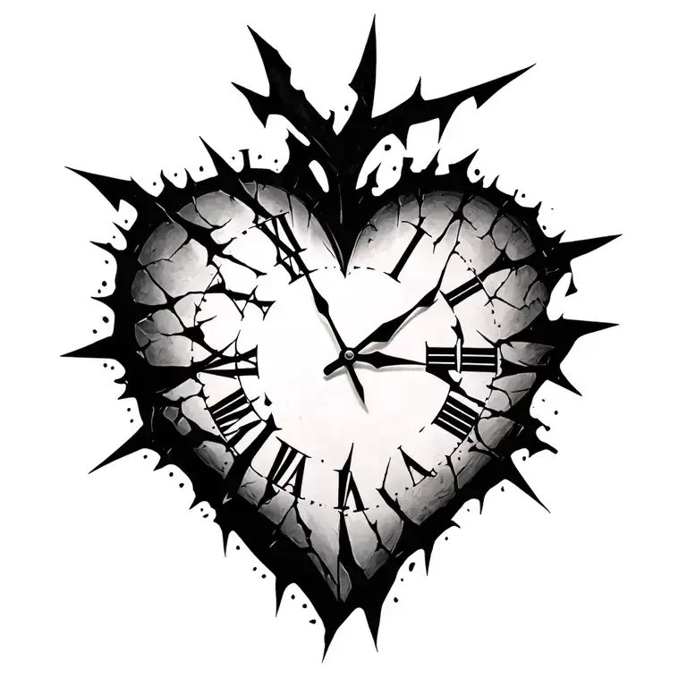 shattered heart shaped clock tattoo design idea