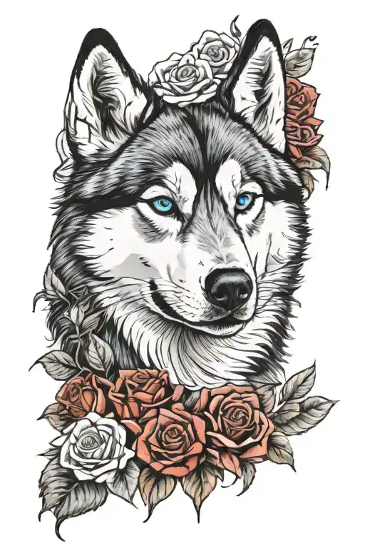 Husky Siberian face one eye blue one eye mixed brown sourounded by red roses  tattoo design idea