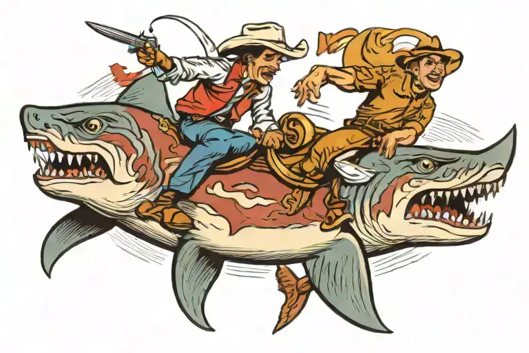 cowboy riding shark tattoo design idea