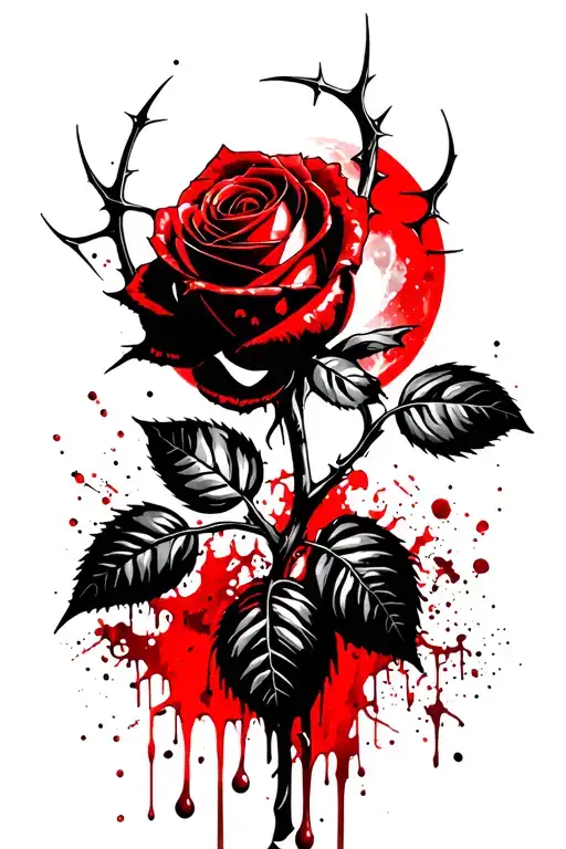 long stem rose with thorns dripping blood with a moon in the background  tattoo design idea