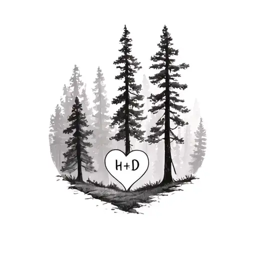 redwood forest landscape with in front tree with heart engraved around initials H+D tattoo design idea
