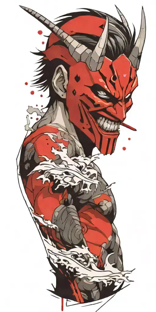 male anime character wearing oni mask holding swords fighting off inner demons  tattoo design idea