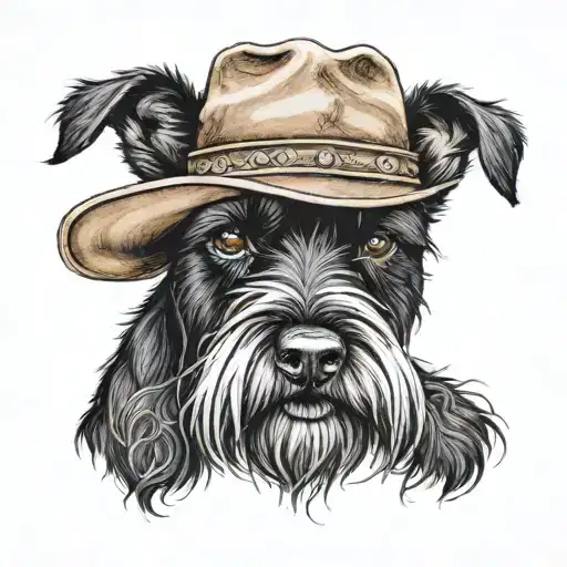 all black schnauzer with cowgirl hat and brown eyes tattoo design idea