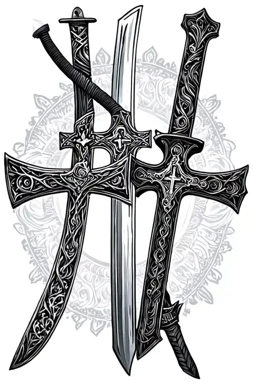 3 christain crosses made from katanas tattoo design idea