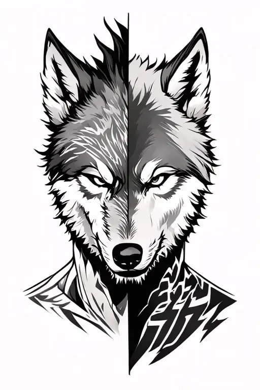 a powerful muscular man merging with a wolf spirit, half-human half-wolf face, intense expression, black and grey realis tattoo design idea