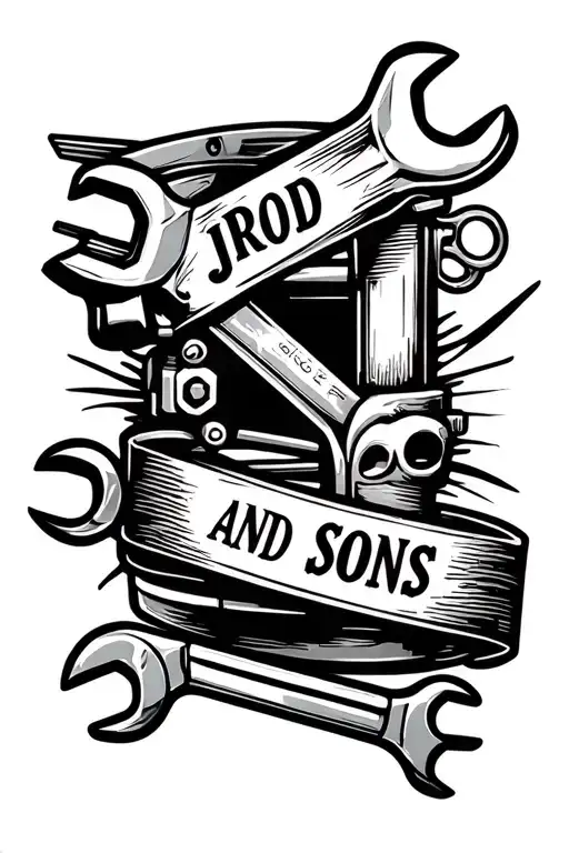 "Jrod and Sons" tattoo machine and wrenches with banner tattoo design idea