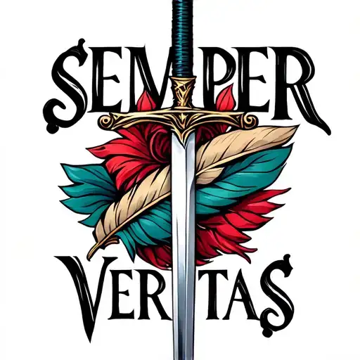 "SEMPER VERITAS" quill pen transforming into cutlass sword tattoo design idea