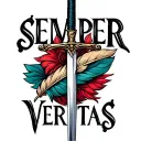 "SEMPER VERITAS" quill pen transforming into cutlass sword tattoo design idea