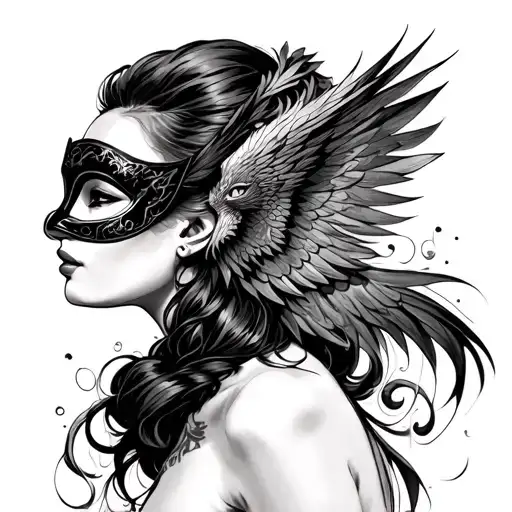 A black and grey side view of woman in a masquerade mask with head tilted upward rising above a phoenix tattoo design idea
