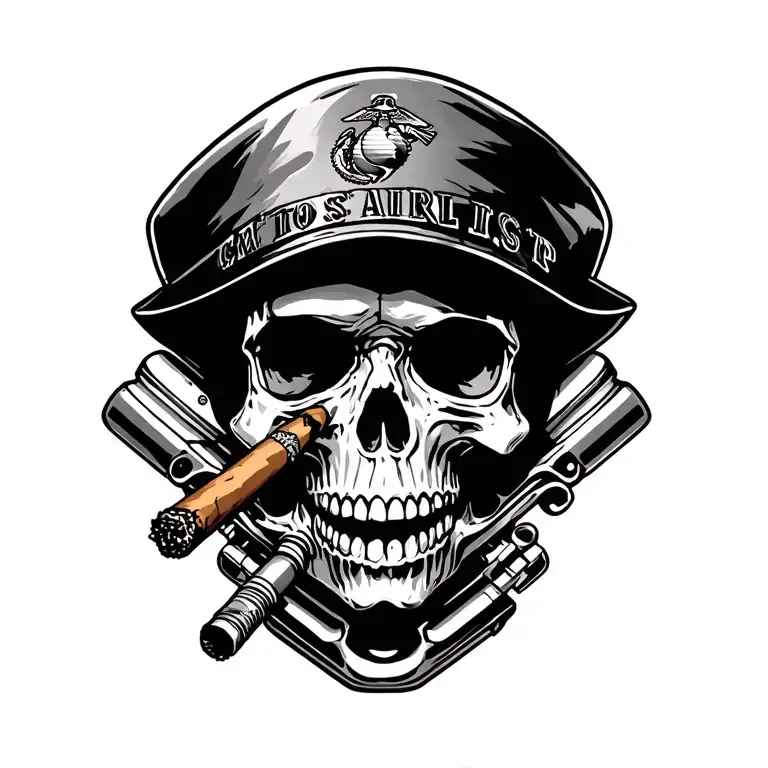 crossed engine pistons below a skull smoking a cigar wearing usmc hat tattoo design idea
