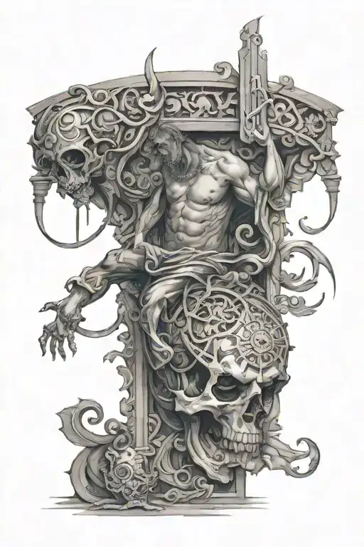 A full leg tattoo where the main theme is antiquity and hip-hop tattoo design idea