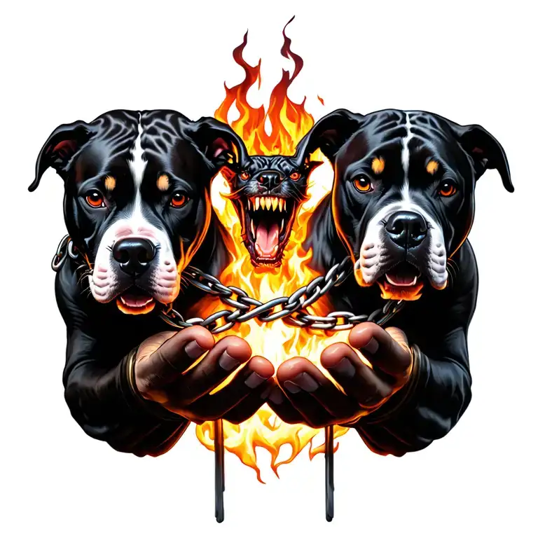 god hands with demon in front holding 2 pitbulls on flaming chains tattoo design idea
