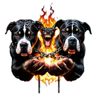god hands with demon in front holding 2 pitbulls on flaming chains tattoo design idea