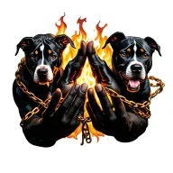 god hands with demon in front holding 2 pitbulls on flaming chains tattoo design idea