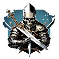 medieval skull knight holding a sword surrounded by dead nights and swords tattoo design idea