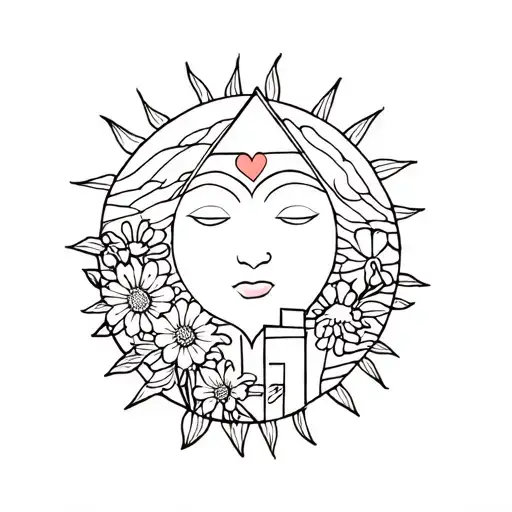 patchwork a sun with minimalist face, house with heart in it and flowers tattoo design idea