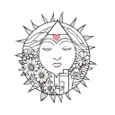 patchwork a sun with minimalist face, house with heart in it and flowers tattoo design idea