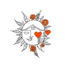 patchwork a sun with minimalist face, house with heart in it and flowers tattoo design idea