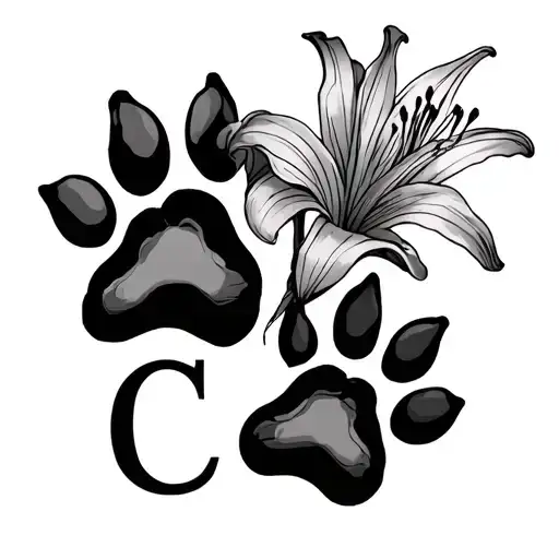Lily and cursive "C" with two dog paws in the middle tattoo design idea