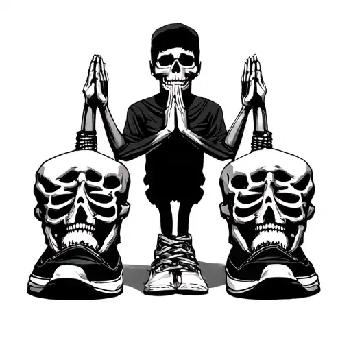 the figure from the depeche mode single walking in my shoes in combination with two praying skeletts tattoo design idea