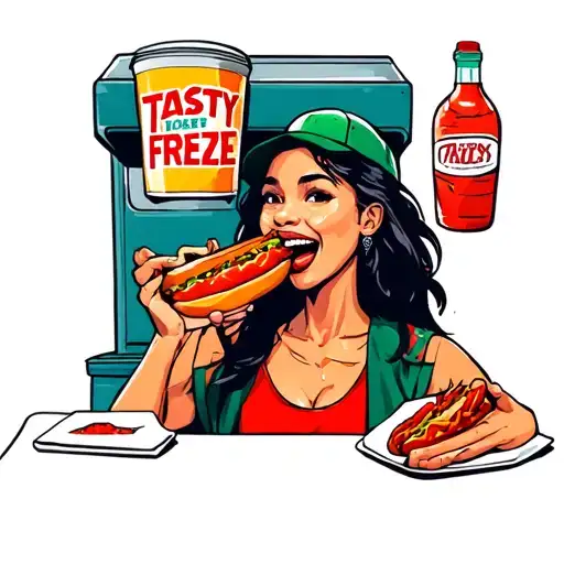 woman eating a chili dog outside the tasty freeze tattoo design idea