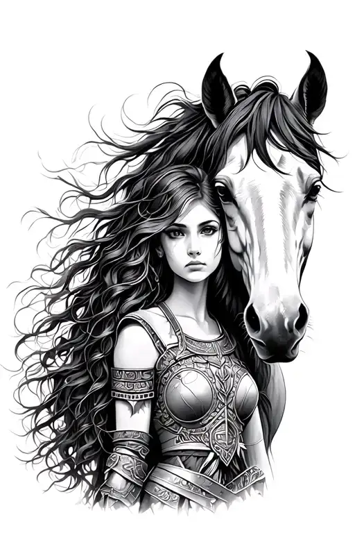 A warrior girl with long hair next to a wild horse. tattoo design idea