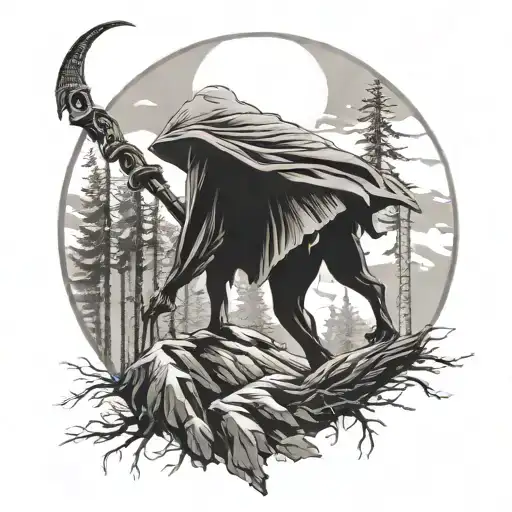 Hooded Reaper, bow on back, forest scene, full moon ,wolf tattoo design idea
