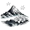 Japanese water turning into snow mountain with Tennessee lilies and 3 white stars from the flag  tattoo design idea