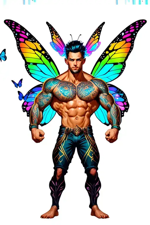 sexy adult gay male faery cartoon bodybuilder, playful, magical. Around him are butterflies, rainbows.  tattoo design idea