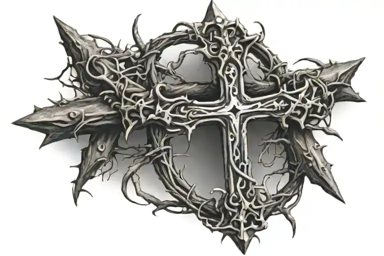 cross with crown of thorns no skull tattoo design idea