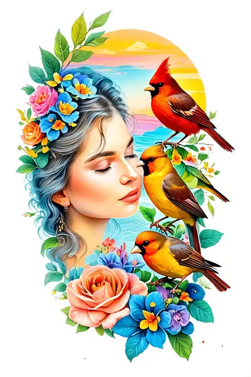 mom died of lung cancer with canaries and cardinals and flowers and a sunset tattoo design idea