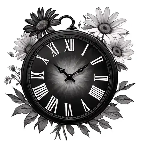 one Roman numeral clock at 3:16 with aster flowers and another Roman numeral clock at 6:24 with mums around it  tattoo design idea
