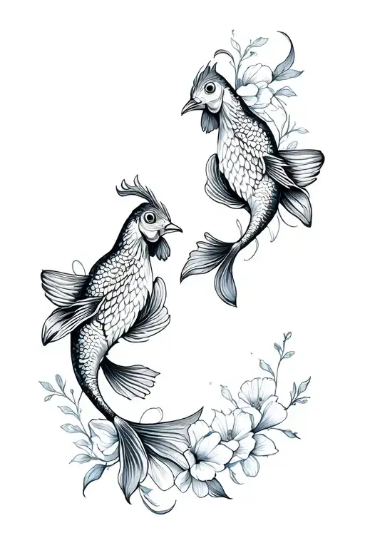 Description of the tattoo sketchBasic concept: Two cockerel fish swim towards each other among graceful lines and flowers tattoo design idea