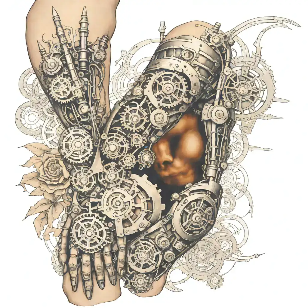 A realistic biomechanical forearm tattoo, featuring exposed metal gears, wires, and robotic parts beneath torn human skin. The design has a 3D effect with metallic details and the skin ripped to reveal the machinery underneath. tattoo design idea