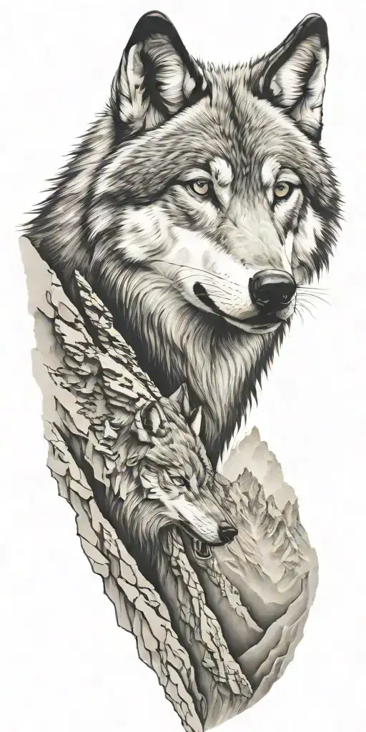 mountains and wolf head tattoo design idea