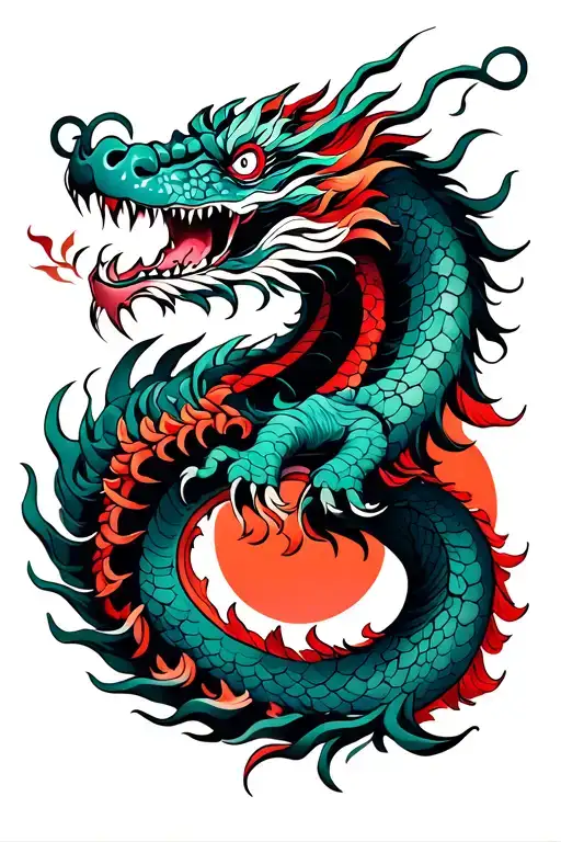 Main Motif – Japanese Dragon:Style: Traditional Irezumi style with bold lines and rich colors (reds, blues, greens). tattoo design idea