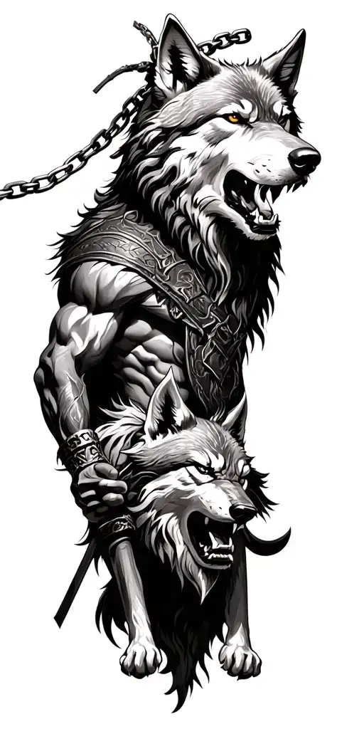 odin god of war holding the chain to fenrir wolf tattoo design idea